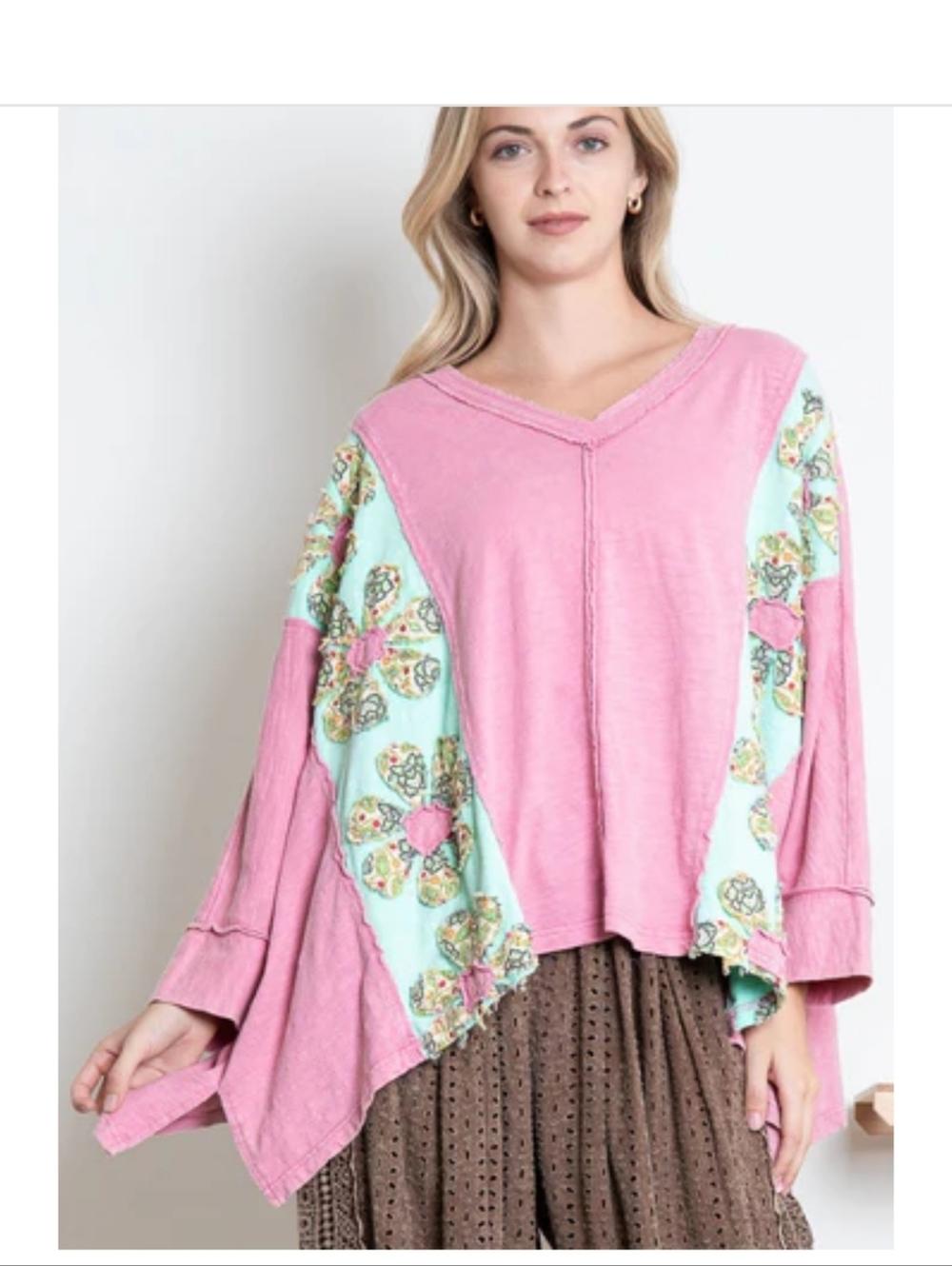 Blue Velvet Pink and Mint Patchwork V-Neck Tunic